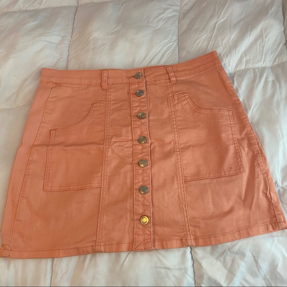 peach denim button up skirt